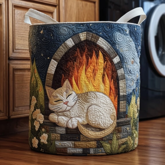 Cozy Cat Quilted Laundry Basket, Collapsible Fabric Hamper for Clothes, Toys and Blankets