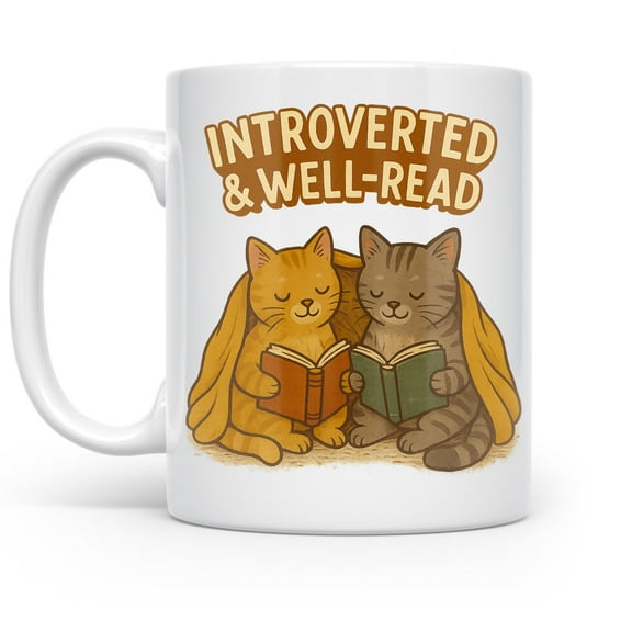 Cat Reading 11 oz Coffee Mug - Cute Gift for Book Lovers White Ceramic