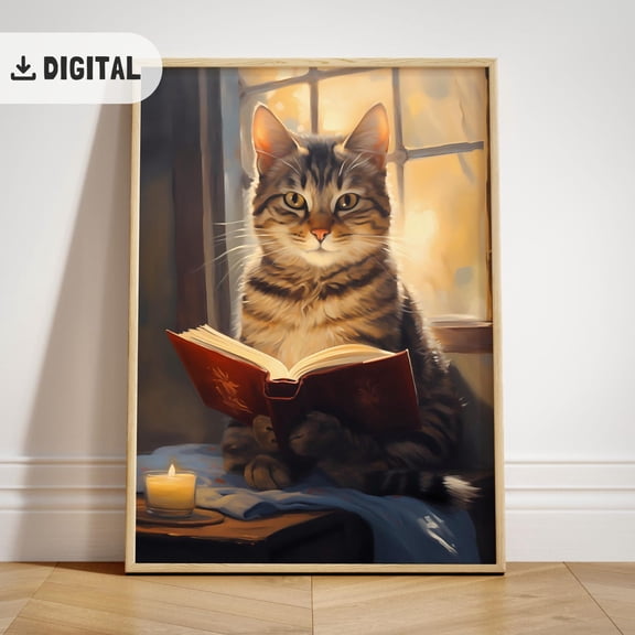 Cozy Cat Reading Poster, Retro Tabby Cat, Book Lover Wall Art, Home Library Decor, Vintage Bedroom Bookworm Reader Art Bookish Poster, Unframed Poster Size 12x18