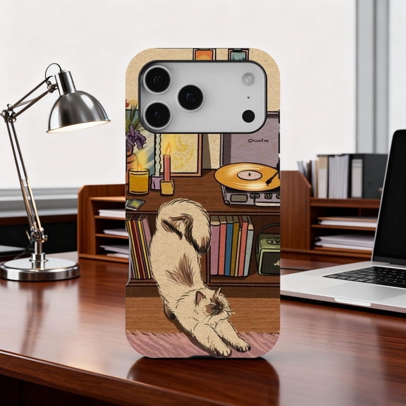 Cozy Cat Stretching Retro Bookshelf Vinyl Record Phone Case 17 through 11 Pro Max