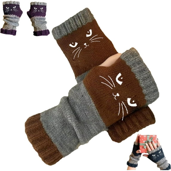Cozy Cat Tastic Gloves, Knitted Fingerless Gloves for Women, Women’s Knitted Fingerless Glovess with Cute Cat Embroidery
