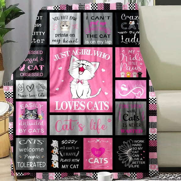 Cozy Cat Themed Flannel Throw Blanket Perfect Gift for Cat Lovers Women & Girls Soft Warm & Machine Washable Pink Striped Design