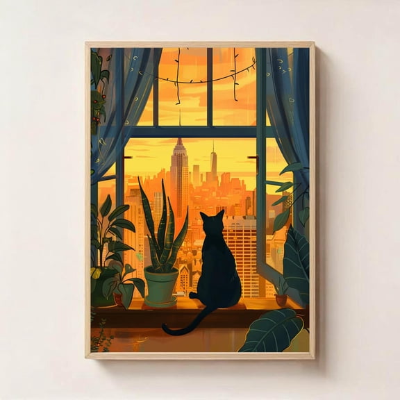 Cozy Cat Window View Black Cat Silhouette Sunset Art, Unframed Poster