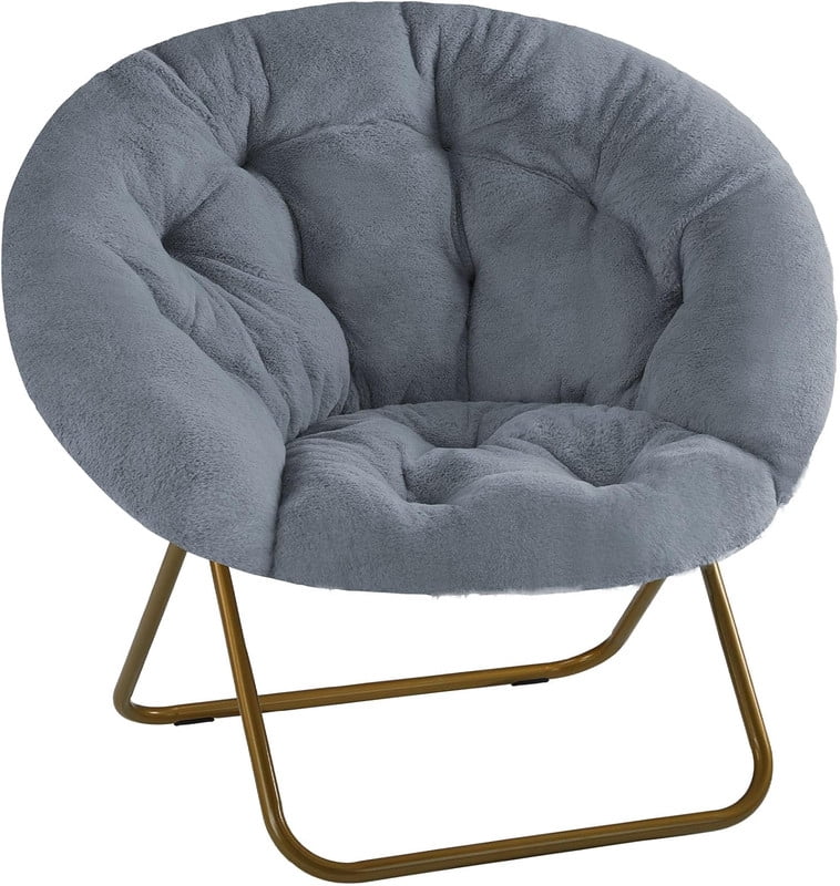 Cozy Chair, Faux Fur Saucer Chair for Bedroom, Comfy Foldable Moon Chair, Round Fluffy Chair for Living Room, Fuzzy Saucer Chairs for Adults Room, Grey