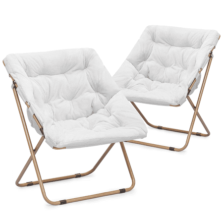Cozy Chair Square Folding Faux Fur Saucer Chair for Bedroom Living Room Dorm Garden Foldable Metal Frame Oversized Large Comfy Furry Padded Soft Lounge Lazy Cozy Moon Chair for Adults,White, 2 Pieces