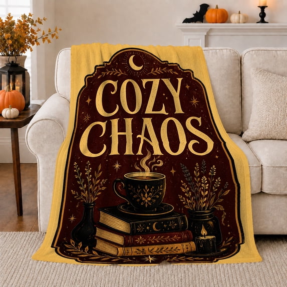 Cozy Chaos Tea Cup on Spell Books, Mystical Dark Academia Style for Book Lovers, Reading Ritual Motif and Halloween Gift, Soft Flannel Blanket for Home Library and Study Room, Home Decor