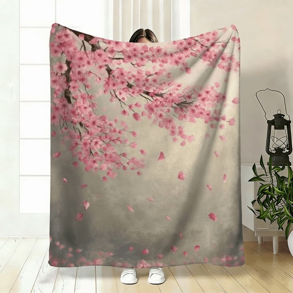 A Cozy Cherry Blossom Themed Flannel Blanket, Soft and Warm, Ideal for Travel, Camping, Sofa, Livingroom, Couch, Chair, Bed, Gift for Family or Friends.