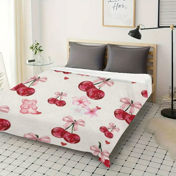 Cozy Cherry Print Flannel Blanket - Soft, All-Season Comfort with Adorable Cherry & Bow Design, Perfect for Bedroom Decor or Gift, Machine Washable