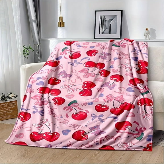 Cozy Cherry Print Flannel Blanket Soft Tear-Resistant All-Season Comfort with Adorable Cherry & Bow Design Perfect for Bedroom Decor or Gift Machine Washable Pink