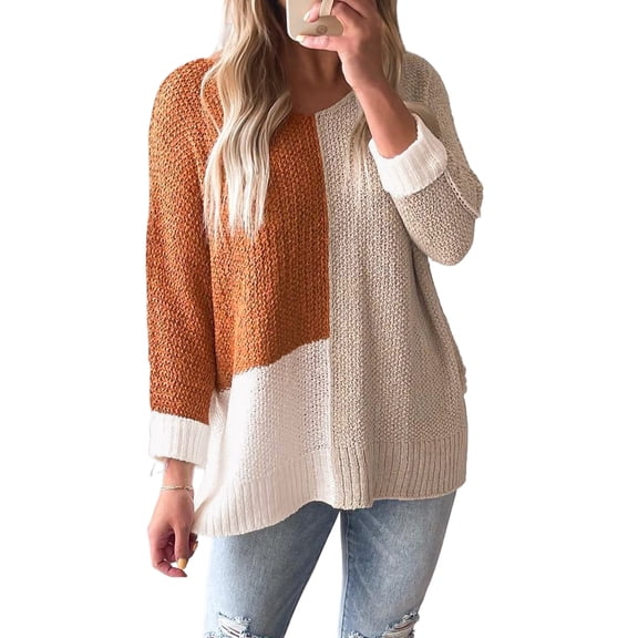 Cozy Chestnut Color Block V Neck Sweater for Women – Perfect for Fall Outings and Everyday Comfort | L