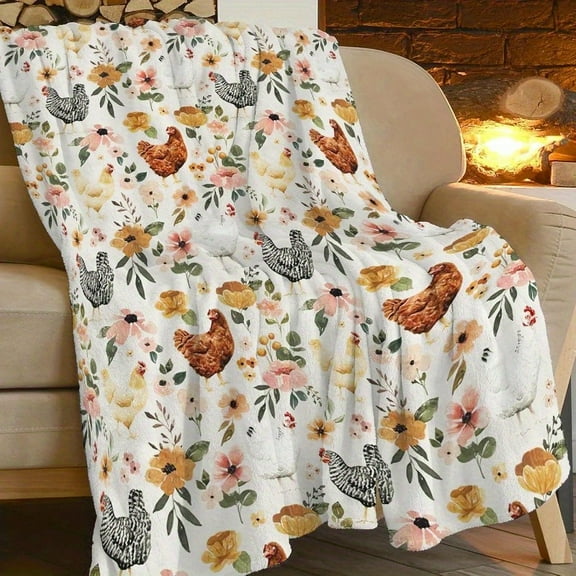 Cozy Chicken & Floral Print Throw Blanket – Soft Plush Fleece Flannel, Warm & Lightweight Winter Blanket for Couch, Bed, or Farmhouse Decor, 40"x50", Perfect Gift for Women, Girls, and Farmer Lovers