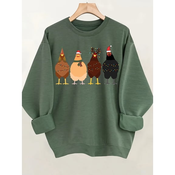 Cozy Chicken Print Crew Neck Sweatshirt - Fashion Sweatshirts with Long Sleeve, Drop Shoulder, Pullover Design for Fall and Winter - Soft, Casual, Women's Clothing for Everyday Wear
