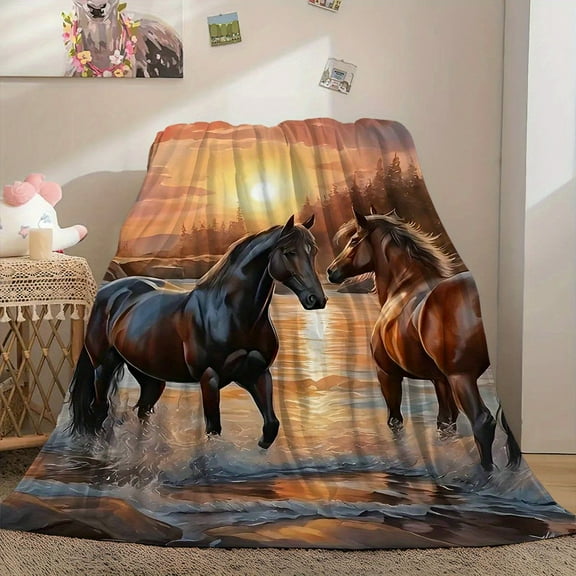 Cozy Chinchilla Print Blanket Warm Throw with Sunset Horse Design Red Vintage Style for Sofa Bed Office Camping & Travel Perfect Gift for Home or Holidays