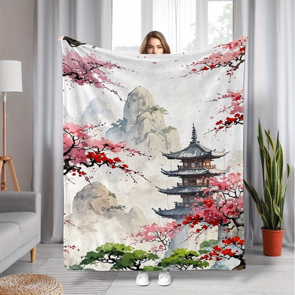 Cozy Chinese Landscape Print Throw Blanket Soft Skin-Friendly Flannel for All Seasons Perfect for Home Decor & Naps