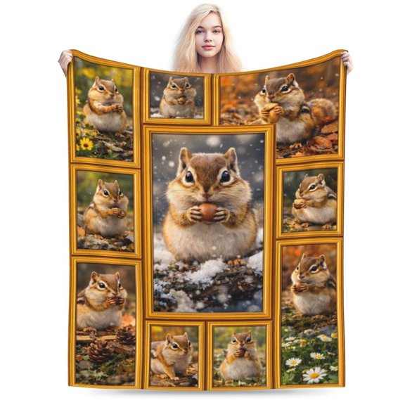 Cozy Chipmunk Collage Fleece Throw Blanket, Autumn & Winter Woodland Animal Portrait, Soft Warm Blanket for Sofa Bed Gift 60x50