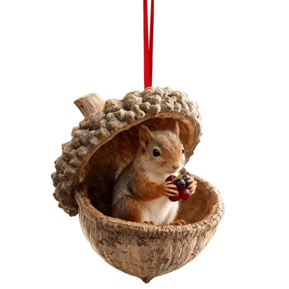 Cozy Christmas Acrylic Animal Ornaments, Cute Squirrel with Berries in Acorn Shell Hanging Decor, Rustic Nature Themed Tree & Home Decor for Animal Lovers(2 Pack)
