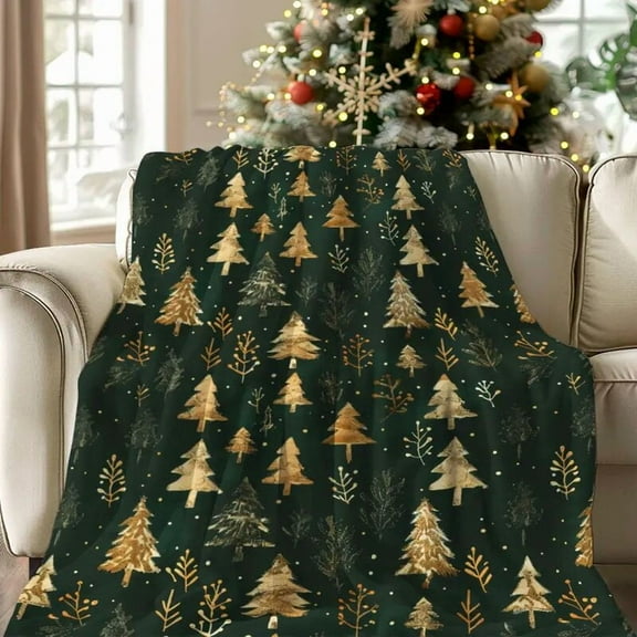 Cozy Christmas Blanket, Vintage Gold Cedar and Snowflake Design, Soft Flannel Fleece Throw