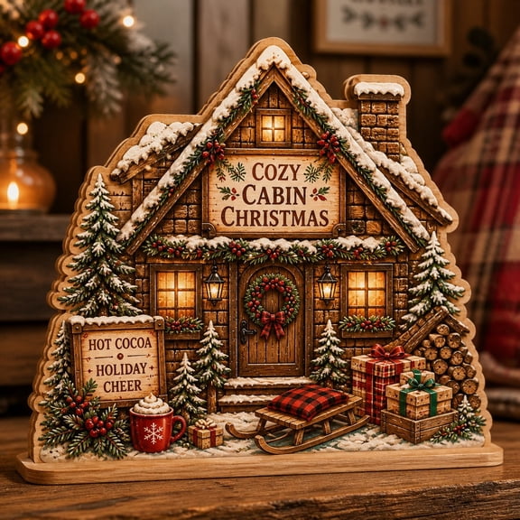 Cozy Christmas Cabin Wooden Block Shelf Sitter for Rustic Home Decor