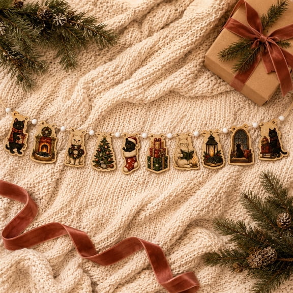 Cozy Christmas Cat Ornament Wooden Garland Holiday Mantel Decor
