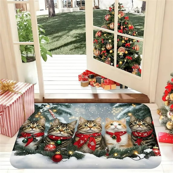 Cozy Christmas Cats Welcome Mat – 30x18 in Holiday Doormat with Cute Cat Print, Non-Slip Rubber Backing, Easy to Clean Entry Rug for Front Door, Kitchen, or Indoor Decor