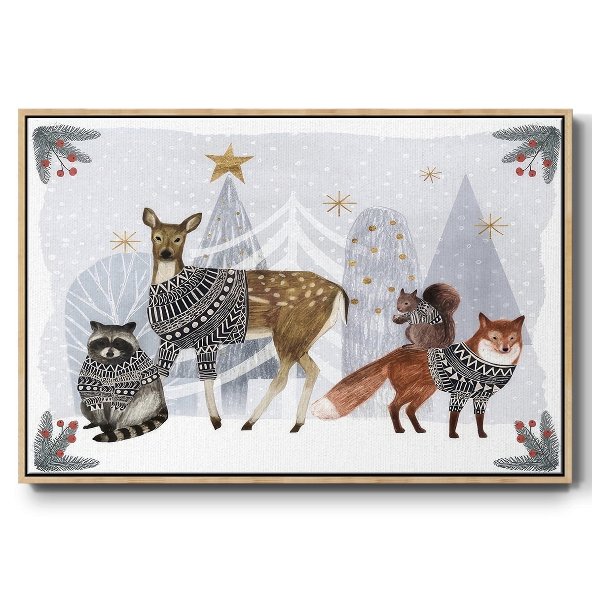 Cozy Christmas Collection A - Framed Gallery Wrapped Holiday Canvas - 27 x 41 - Natural Wood Frame