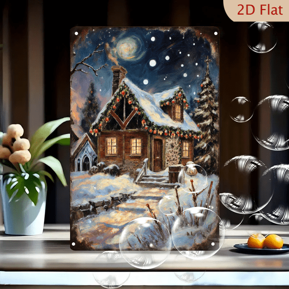 Cozy Christmas Cottage Winter Scene, Impressionist Snowy Night Painting, 8x12 Inches Metal Wall Art, Festive Holiday Decor with Moon, Snowman and Warm Lights