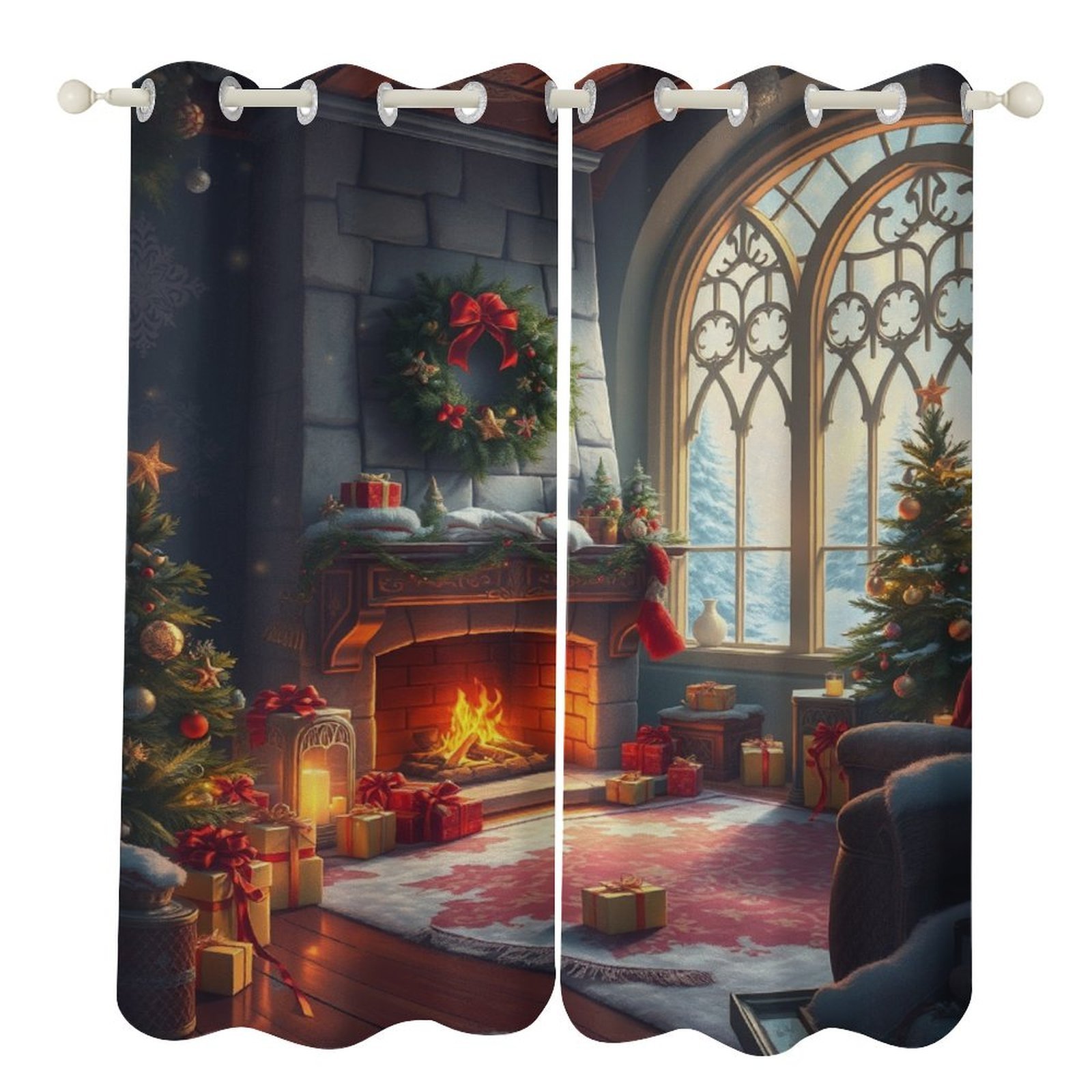 Cozy Christmas Fireplace Curtains Outdoor Decor Curtain Panels With