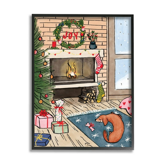Cozy Christmas Fireplace Tree Holiday Graphic Art Black Framed Art Print Wall Art