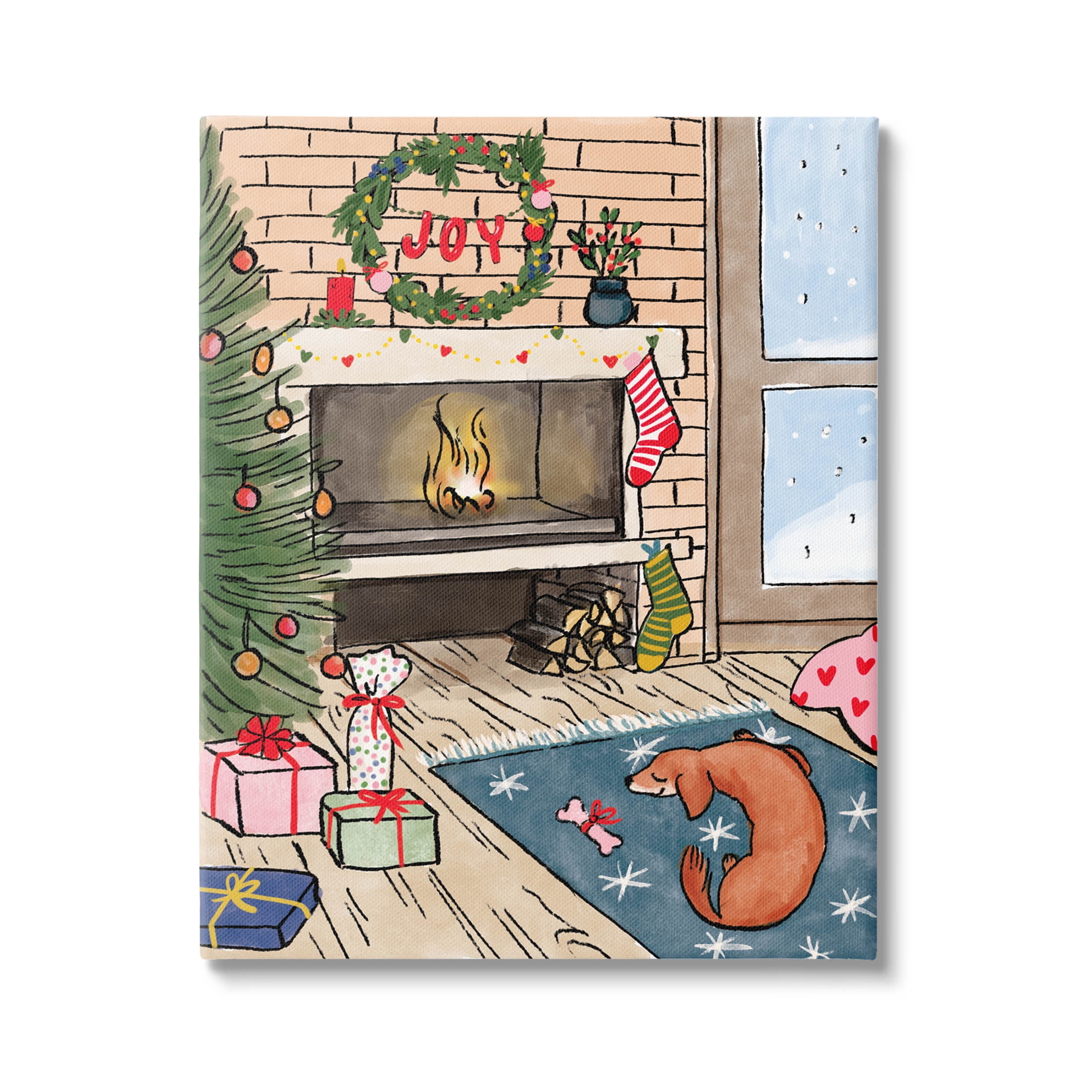 Cozy Christmas Fireplace Tree Holiday Graphic Art Gallery Wrapped Canvas Print Wall Art