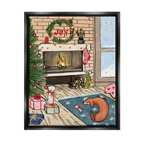 Cozy Christmas Fireplace Tree Holiday Graphic Art Jet Black Framed Art Print Wall Art