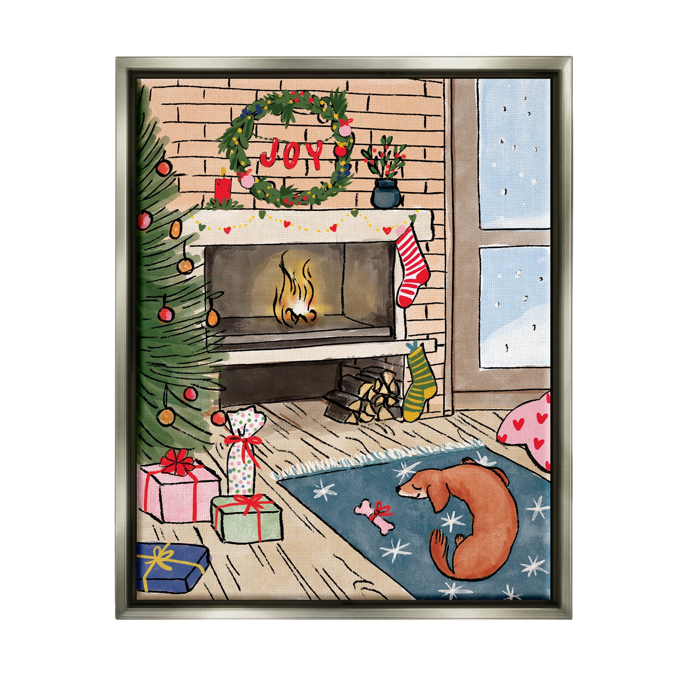 Cozy Christmas Fireplace Tree Holiday Graphic Art Luster Gray Framed Art Print Wall Art