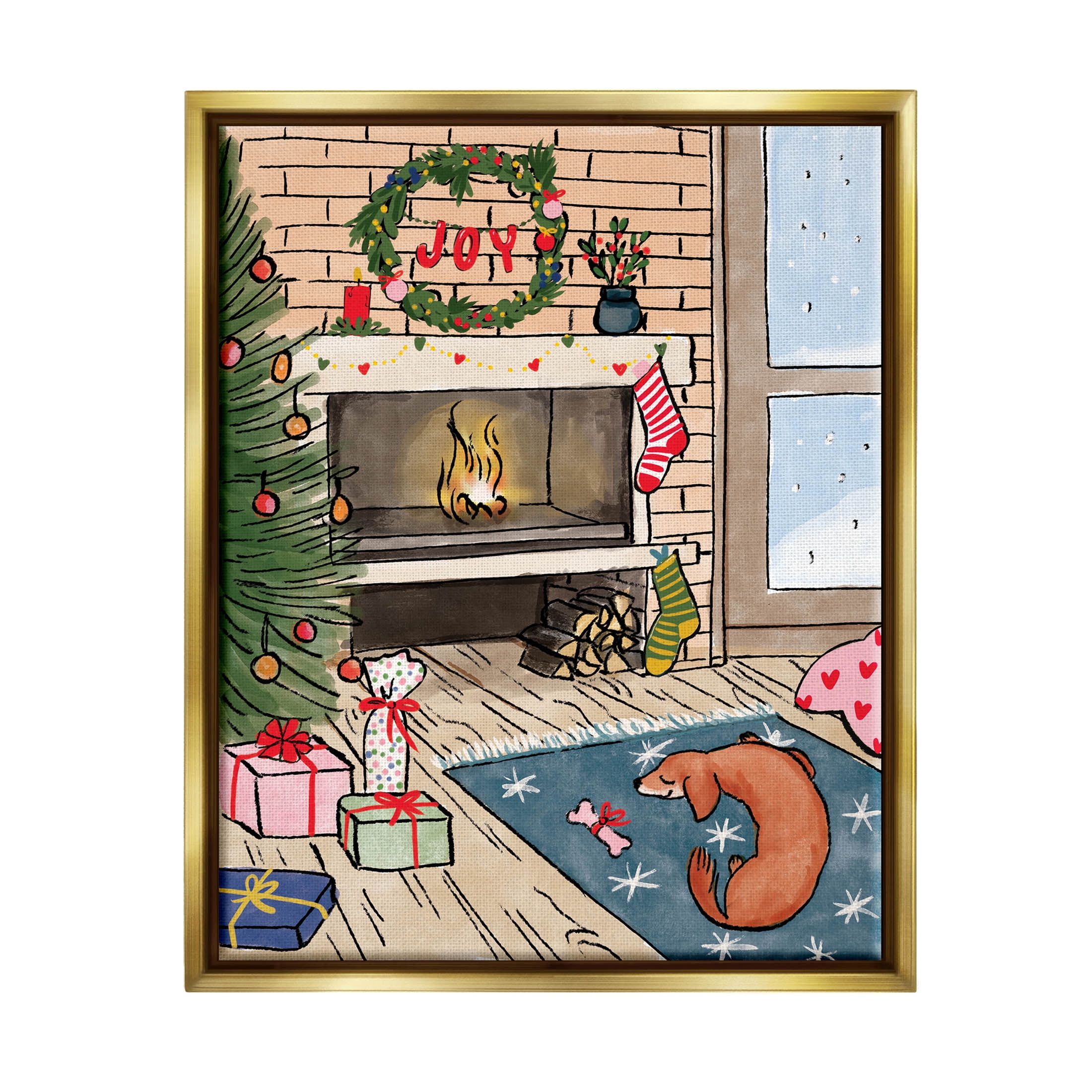Cozy Christmas Fireplace Tree Holiday Graphic Art Metallic Gold Framed Art Print Wall Art