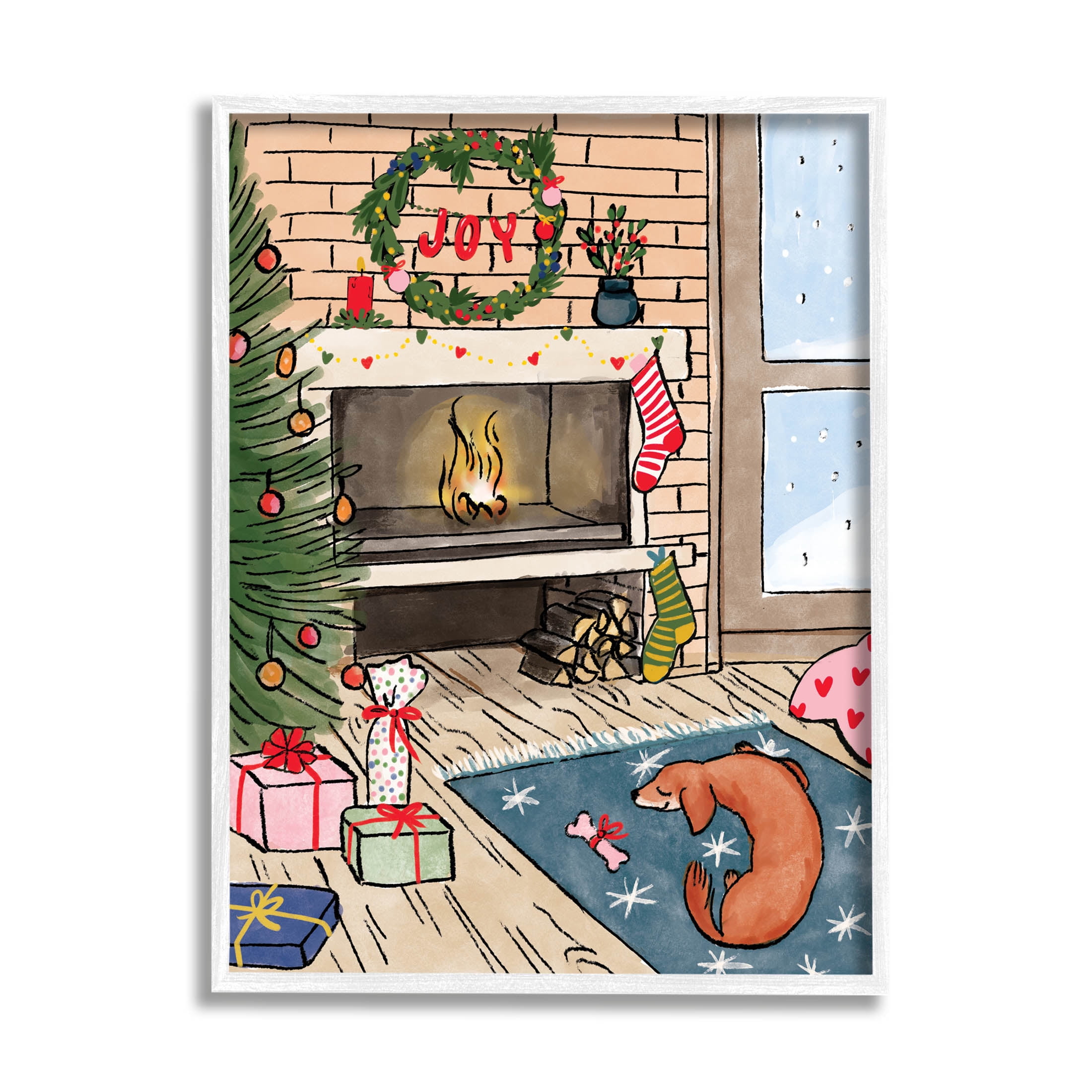 Cozy Christmas Fireplace Tree Holiday Graphic Art White Framed Art Print Wall Art