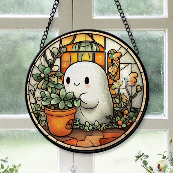 Cozy Christmas Gift - Cute Ghost Reading Book Halloween Ghost Fall Hosting Christmas Stained Glass Hanging Ornament - Evergreen Holiday Tree Decoration, Gift for Family & Friends
