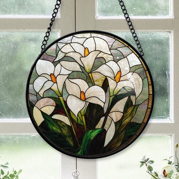 Cozy Christmas Gift - White Calla Lily Flowers Stained Glass Hanging Ornament - Cozy Christmas Tree Decor, Winter Holiday Gift for Mom, Dad, Family, Friends