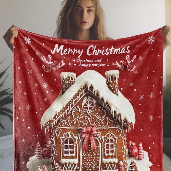 [Cozy Christmas Gingerbread Cabin Blanket] Cozy Flannel Christmas Gingerbread Cabin Throw Blanket - Soft, Warm & Versatile for Couch, Bed, Car, Office, Camping