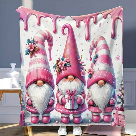 Cozy Christmas Gnome & Bell Print Flannel Throw Blanket - Soft, Warm, and Versatile for Couch, Office, Bed, Camping, and Travel - All-Season Multi-Purpose Gift