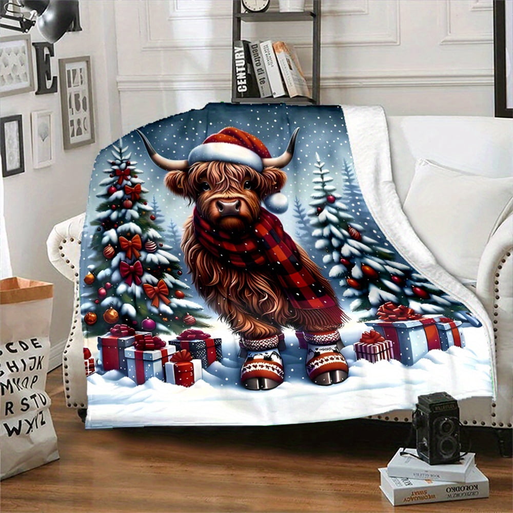 Cozy Christmas Highland Cow Flannel Throw Blanket - Soft, Reversible, 100% Polyester Non-Woven, Digital Print, All-Season, Contemporary Home Decor with Santa Hat Design