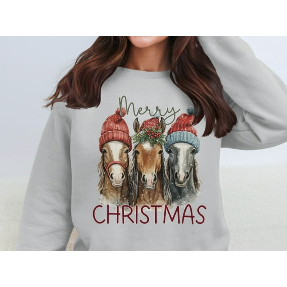 Cozy Christmas Merry Christmas Horse Graphic Sweatshirts (2XL, SportGrey)