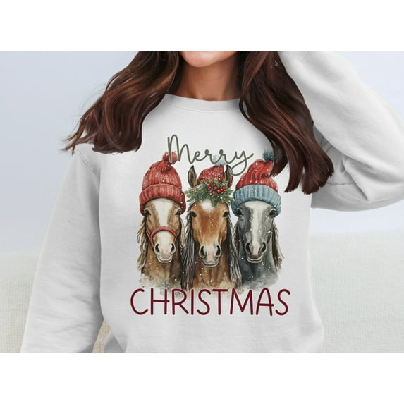Cozy Christmas Merry Christmas Horse Graphic Sweatshirts (4XL, White)