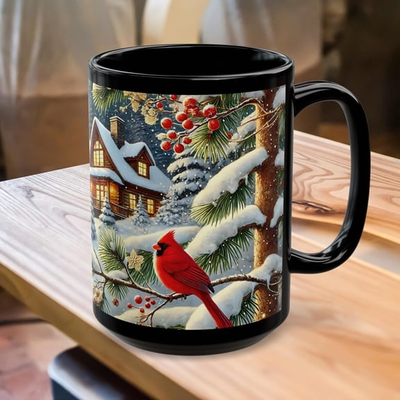 Cozy Christmas Mug, Starry Night Mug 15oz Winter Landscape Coffee Cup Snowy Pine Tree Mug Forest Mug with Moon & Cardinals Winter Lover Gift