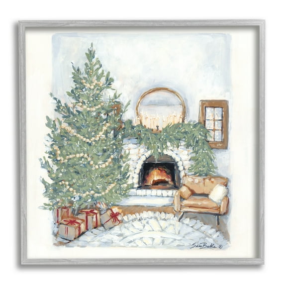 Cozy Christmas Night Gifts Decorated Fireplace Hearth Botanical & Floral Painting Framed Art Print Wall Art
