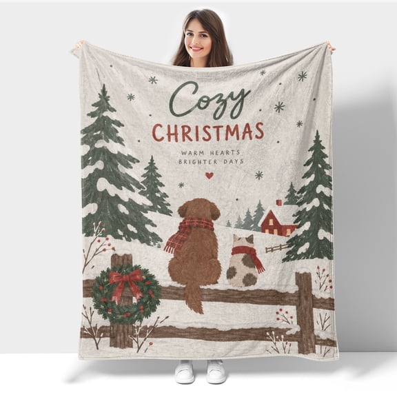 Cozy Christmas Pet Flannel Throw Blanket, Dog Cat Snow Cabin Winter Holiday Soft Xmas Blanket 80X60IN