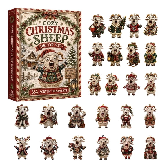 Cozy Christmas Sheep 24 Acrylic Ornaments, Rustic Snowy-Cabin Cartoon Ram Hanging Set with Gold Strings, Farmhouse Holiday Gift Box