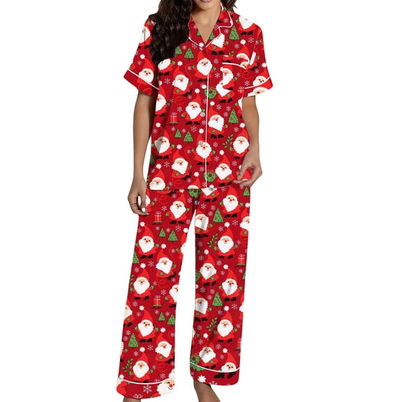 Cozy Christmas Two-Piece Pajama Set - Button-Down Top & Elastic Waist Pants Home Outfit