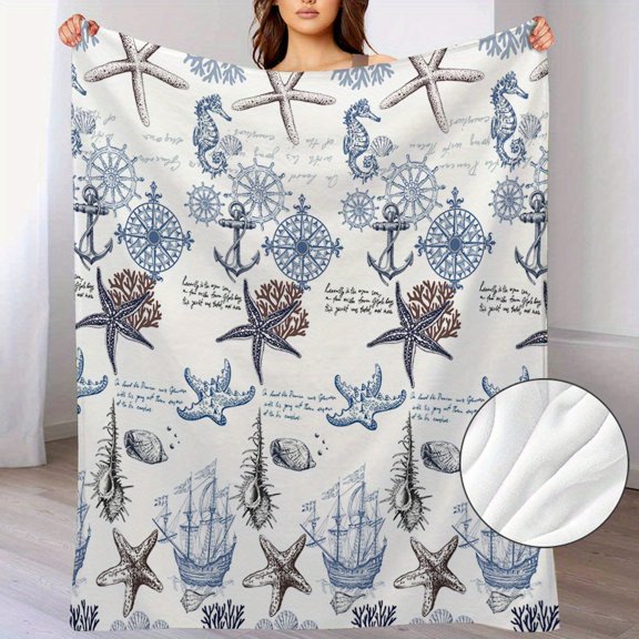 Cozy Coastal Fleece Throw: Nautical Watercolor Design with Sea Creatures, Starfish & Anchors - Soft All-Season Blanket for Couch, Bed - Perfect Gift