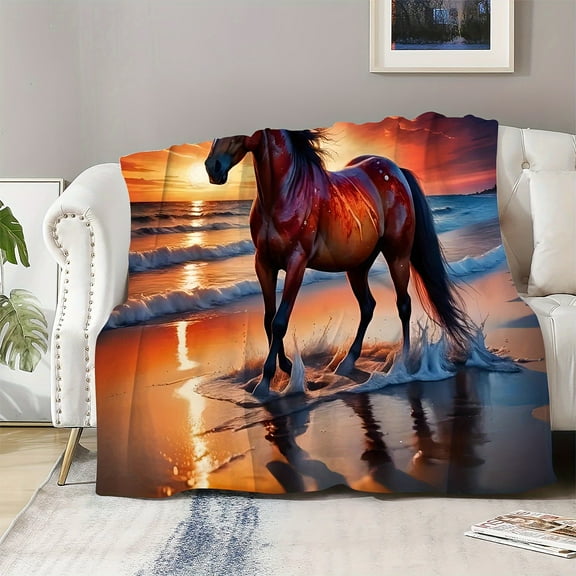 Cozy Coastal Horse Print Soft Fleece Blanket - Ultra-Soft, Machine Washable, All-Season, Multi-Purpose, Animal-Themed Knit Cover, Durable Polyester Material