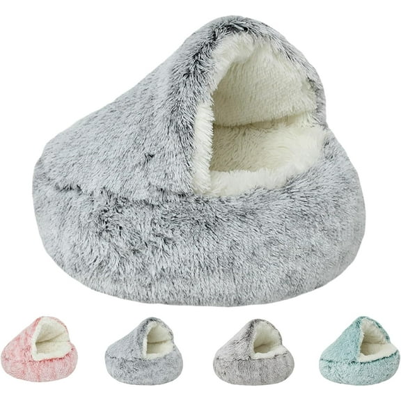 Cozy Cocoon Dog Bed with Hood, Covered Cave Pet Bed for Small Dogs & Cats, Plush Burrow Donut Bed with Non-Slip Bottom,for Indoor Pets (Light Gray,40CM/15.74IN)