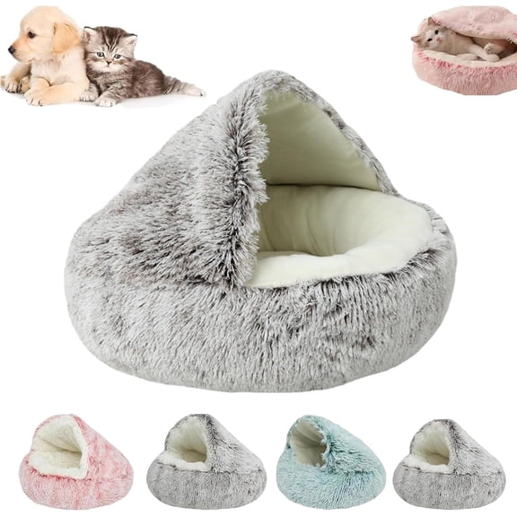 Cozy Cocoon Dog Bed | Hooded Cave Pet Bed with Fluffy Plush Cover, Washable Burrow Nest & Non-Slip Bottom for Small Medium Dogs & Cats