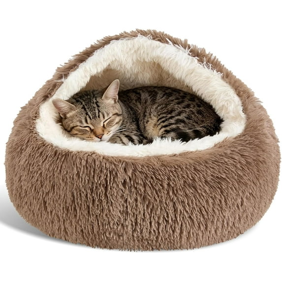 Cozy Cocoon Dog Bed with Removable Hooded Cave Cover, Washable Anti-Slip Faux Fur Calming Bed for Small Medium Pets Up to 15/25 lbs, Round Plush Fluffy Cat Cave